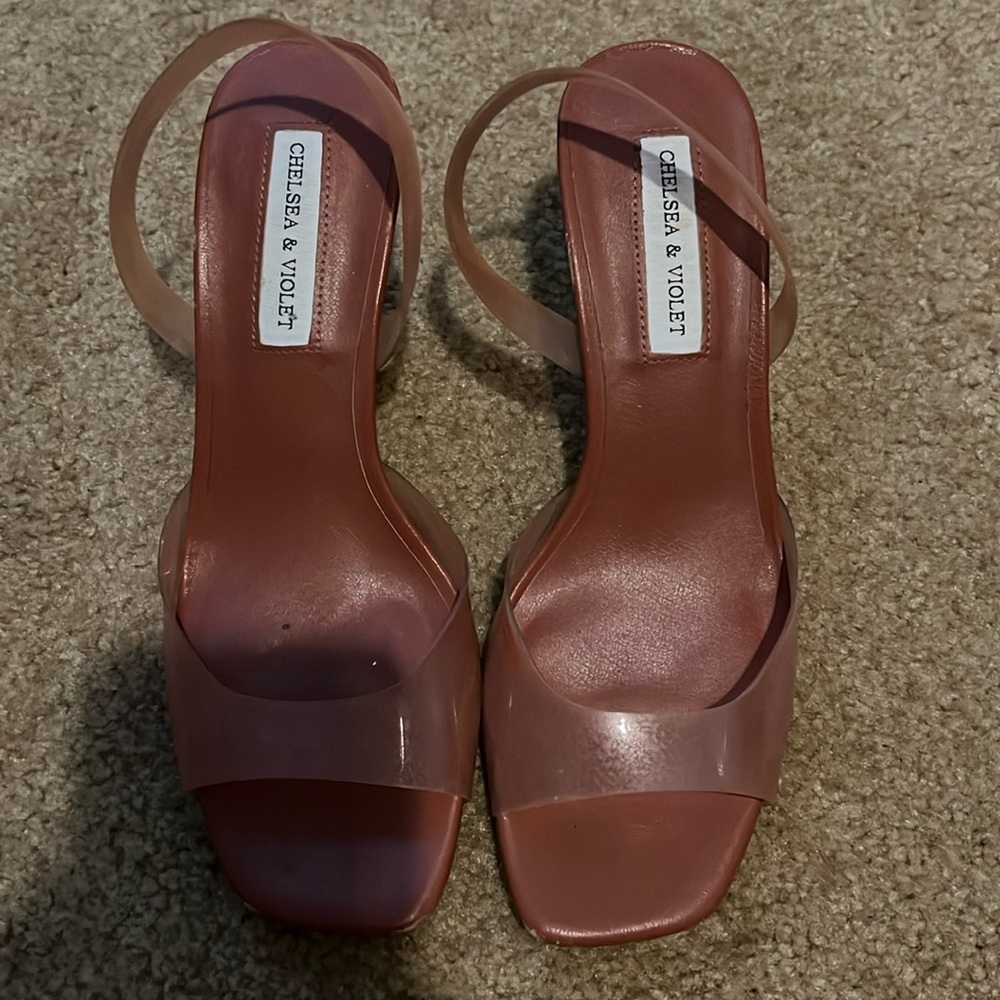 Chelsea & Violet Light pink clear sandals, strap on heels, soft insole, 3”